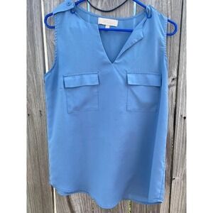Monteau Womens Blue Sleeveless V-Neck Blouse Flap Pockets Size Medium